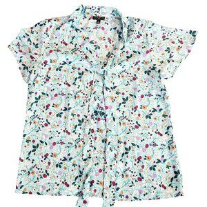 Talbots Petite Floral Tie-Neck Short Flutter Sleeve Blouse Sp Light Blue Floral